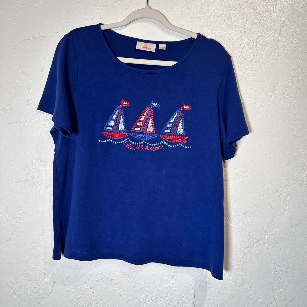 Quacker Factory Large 100% Cotton Patriotic T-Shirt Blue Sailboats Embroidery